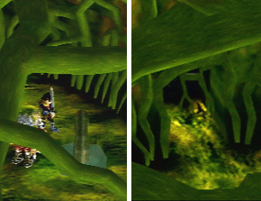 Left: Cut those lianas! Right: Enter the door